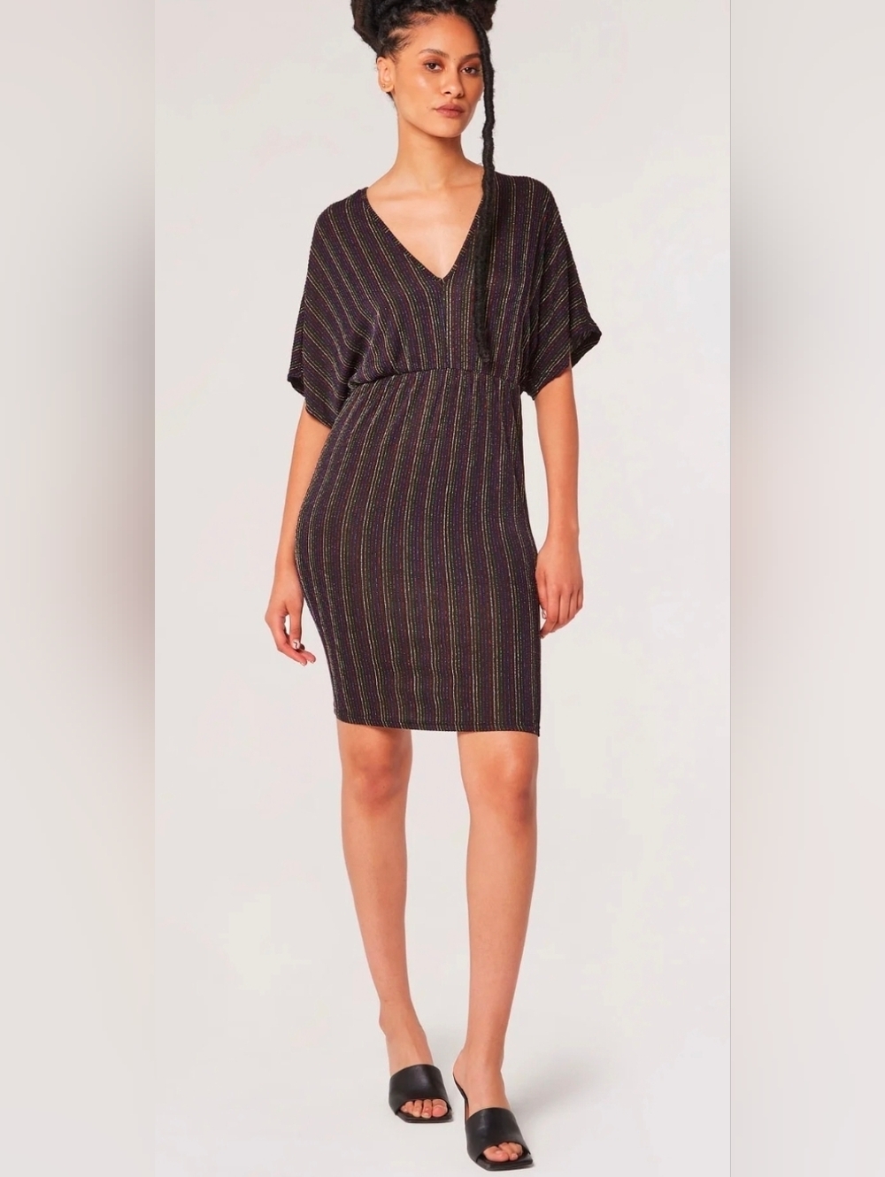 NWT Apricot Multicolor Shimmer Stripe V-Neck Batwing Stretch Jersey Midi Dress